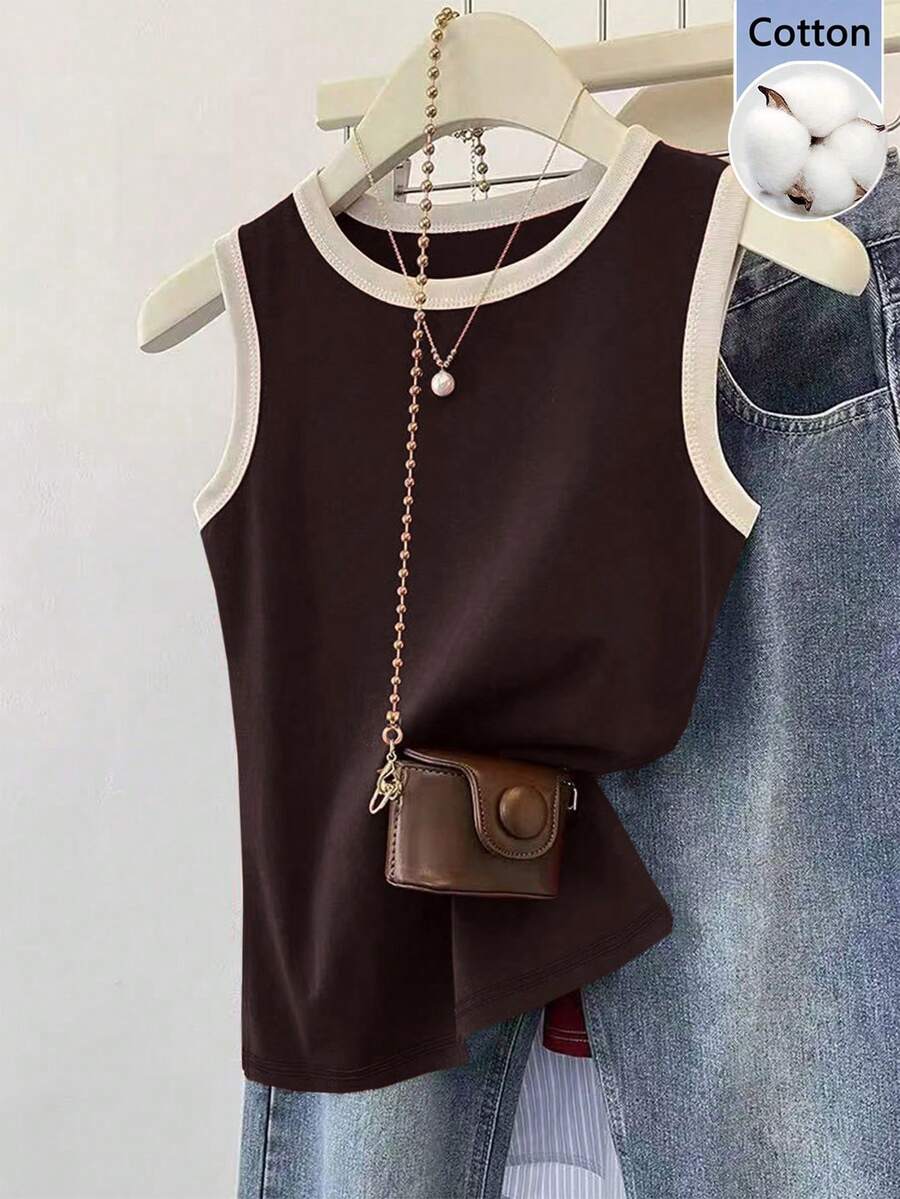EMERY ROSE Women's Round Neck Contrast Trim Casual Everyday Wear Top - Brown - View 1