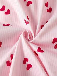 2 Pieces Tween Girl Pink Summer Home Wear Featuring Cute Sweet Heart Print. Stylish Lapel Collar Short Sleeve Top And Matching Shorts Sleep Set - Pink - View 7