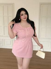 Vibekara Plus Size Women's Square Neck Dress With Floral Trim, 4 Pockets, Fitted Silhouette, Cute & Comfortable, Spring/Summer - Pink - View 4