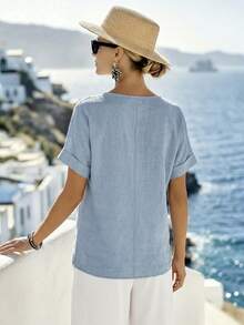 Louniche Camisa casual de mujer con efecto de textura de mezclilla, cuello redondo, lazo delantero, bolsillo, manga corta, para primavera/verano - Azul - Ver 2
