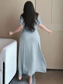 Dazy Plus 大码女士撞色蕾丝优雅中长睡裙 - 藍色 - 查看 2