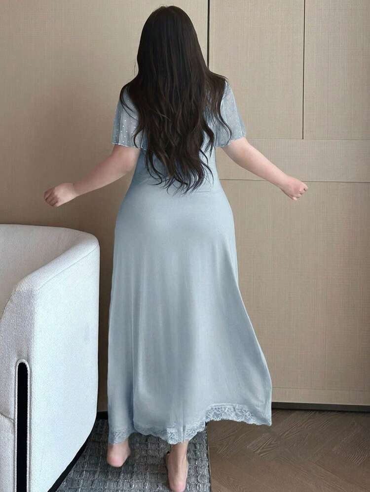Dazy Plus Plus Size Women Contrast Lace Elegant Mid-Length Nightgown