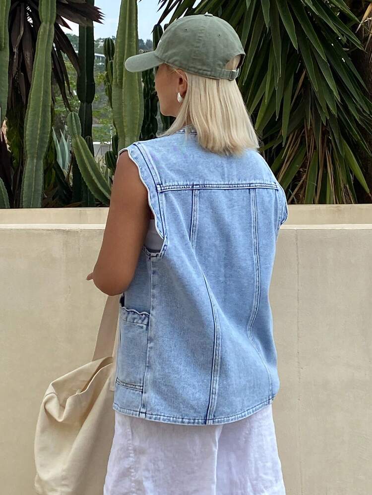 Women's Solid Color Pocket Front Button Casual Sleeveless Denim Top Summer