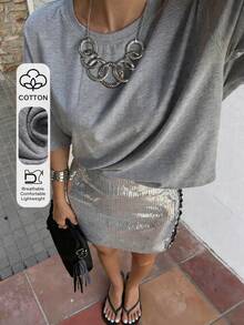 DAZY T-shirt décontracté ample et tout-aller gris pour femmes, convient pour le printemps et l'été - Gris - Voir 1
