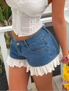 Sunnyshic Shorts de mezclilla desgastados con bolsillos, botones y dobladillo deshilachado para mujer - Azul lavado medio - Ver 1