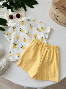 LMoss Kids Baby Boy Cute Lemon Print Shirt And Yellow Elastic Waist Shorts Set, Suitable For Spring/Summer, Vacation, Casual Fashion - Multicolor - View 2