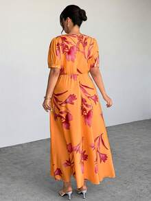 Firerie Spring & Summer Green Tie-Dye Tie Dye Pattern Elegant Maxi Dress With Puff Sleeves, Suitable For Graduation, Renaissance Fair - Orange - View 3