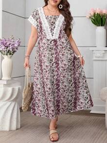 Lacomfia Summer Contrast Lace Trim Ditsy Floral Plus Size Women Dress - Multicolor - View 3