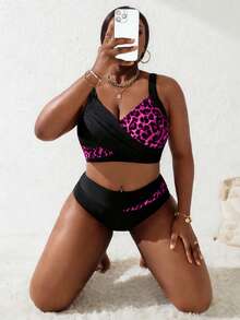 Slaydiva Plus Size Women 2pcs Black & Pink Splice Ruched Tankini Swimwear Set, Summer Beach Holiday - Multicolor - View 6