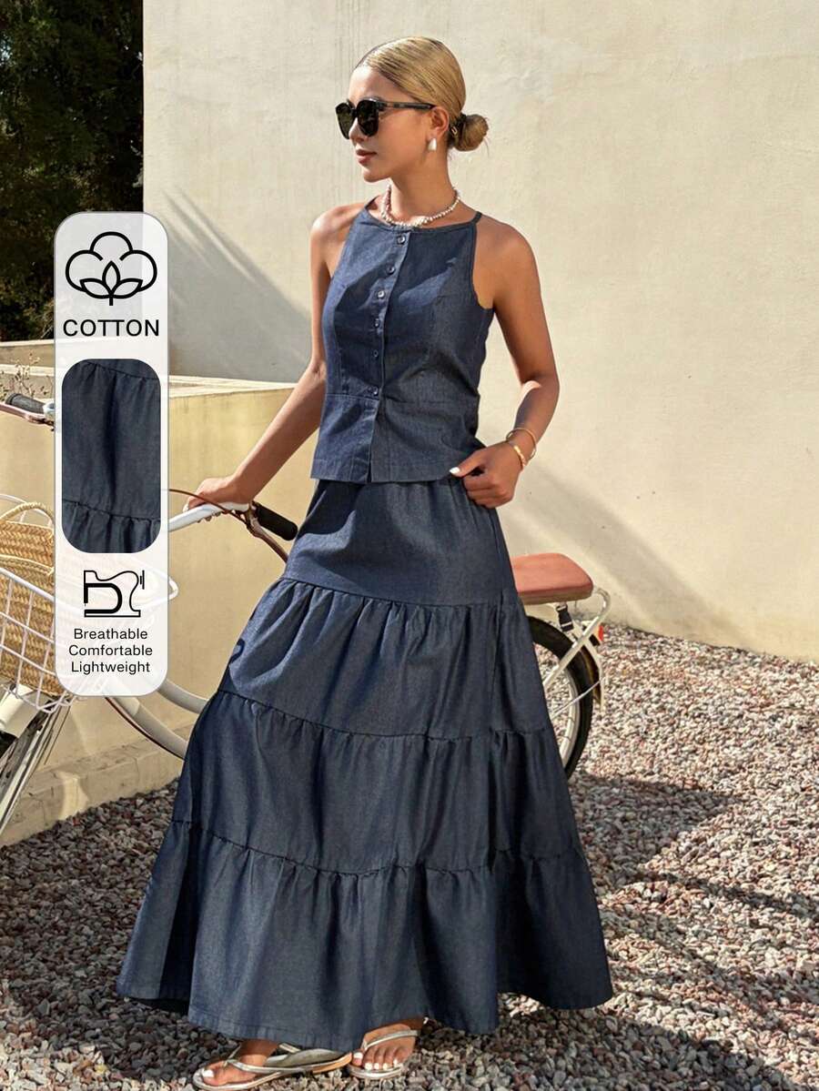 DAZY Conjunto casual de mezclilla para mujer con camisola sin mangas de frente abierto y falda larga de mezclilla - Azul lavado oscuro - Ver 1