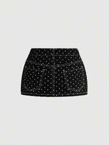 ROMWE Chân váy mini denim cạp siêu thấp họa tiết chấm bi gợi cảm kiểu retro Y2K dành cho nữ, thích hợp cho mùa xuân/hè. - màu đen - Xem 2