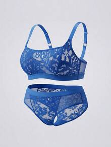 ELLERISSA Plus Size Blue Lace Crop Top Bra & Panty Set - Blue - View 3