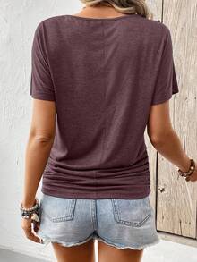 SHEIN Frenchy Ladies Simple Solid Color Pleated Daily/Holiday T-Shirt V Neck Topsv Neck T Shirtdark Top,Summer Top - Burgundy - View 2
