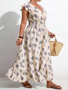 Breezaya Plus Size Women's V-Neck Ruffle Hem Bohemian Print Dress, Suitable For Spring/Summer Vacation Summer Beach Dress Vacation Outfits Women Holiday - Apricot - View 5