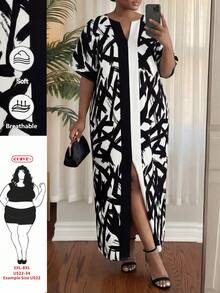 SHEIN CURVE+ Đầm xẻ tà in họa tiết toàn thân, kiểu dáng thời trang cỡ lớn dành cho người đi làm, thích hợp cho mùa hè. Đầm mùa hè thanh lịch, đầm dự tiệc, đầm đi biển cho nữ, đầm in họa tiết hình học, đầm dài che phủ đồ bơi, đầm in họa tiết ngựa vằn, đầm kimono dáng ôm, đầm in họa tiết bò sữa, đầm mùa hè. - Đen và trắng - Xem 1