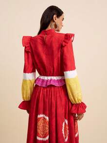LOTSLUV Blusa corta de manga larga con cuello alto, cintura ceñida y volantes, con estampado de rojo, amarillo y rosa, para vacaciones de primavera/verano de mujer - Rojo - Ver 2