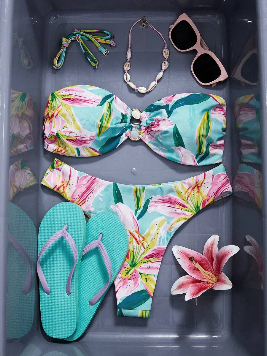 Swim SXY Bandeau-bikiniset med blommönster för kvinnor - Blå - Visa 1