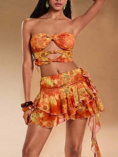 ROMWE Y2K Conjunto de 2 piezas de top bandeau con diseño hueco retorcido y estampado floral salvaje y minifalda para vacaciones de primavera/verano para mujeres