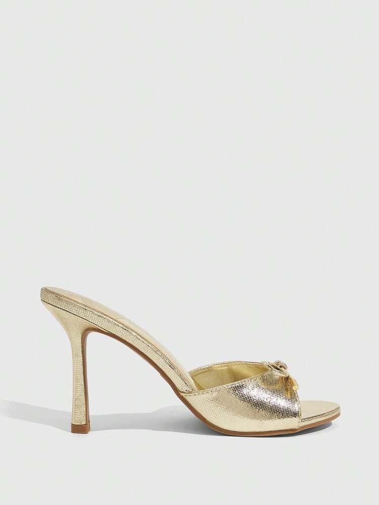 CUCCOO SZL Women Shoes Gold Metal Plaid PU Bow Gold Pendant Design Round Toe Mule High Heel Sandals