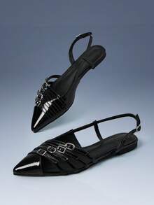 CUCCOO GRLICON Sapatos Femininos Outdoor, Bico Fino, Sola Plana, Tecido Leve PU, Design de Tira Estiloso, Simples, Confortável e Respirável, Festa Diária, Banquete, Praia, Estilo de Fivela, Adequado para Uso no Verão, Férias, Essencial para Viagens, Estilo Anos 2000 - Preto - Visão 3