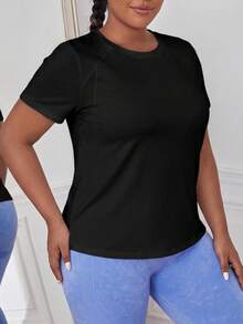 Easithlete Casual Versatile Black Plus Size Mesh Patchwork Short Sleeve Slim Fit Sports T-Shirt - Black - View 4