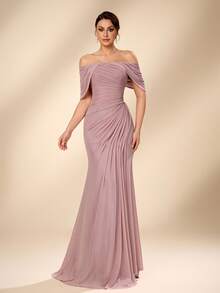 Serin Gaun Maxi Mermaid Model Baru 2026 yang Elegan, Mewah, Berwarna Pink, Berbahan Jala, dengan Lengan Terbuka dan Dekorasi Kerut, Cocok untuk Pernikahan, Acara Formal, Pengantin Wanita dan Ibu Pengantin. - Dusty Pink - View 1