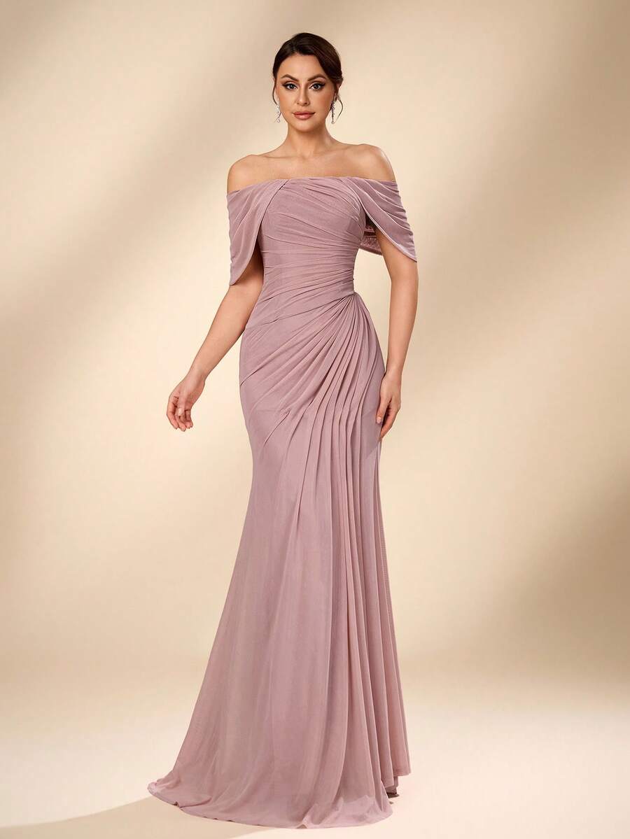 Serin Gaun Maxi Mermaid Model Baru 2026 yang Elegan, Mewah, Berwarna Pink, Berbahan Jala, dengan Lengan Terbuka dan Dekorasi Kerut, Cocok untuk Pernikahan, Acara Formal, Pengantin Wanita dan Ibu Pengantin. - Dusty Pink - View 1
