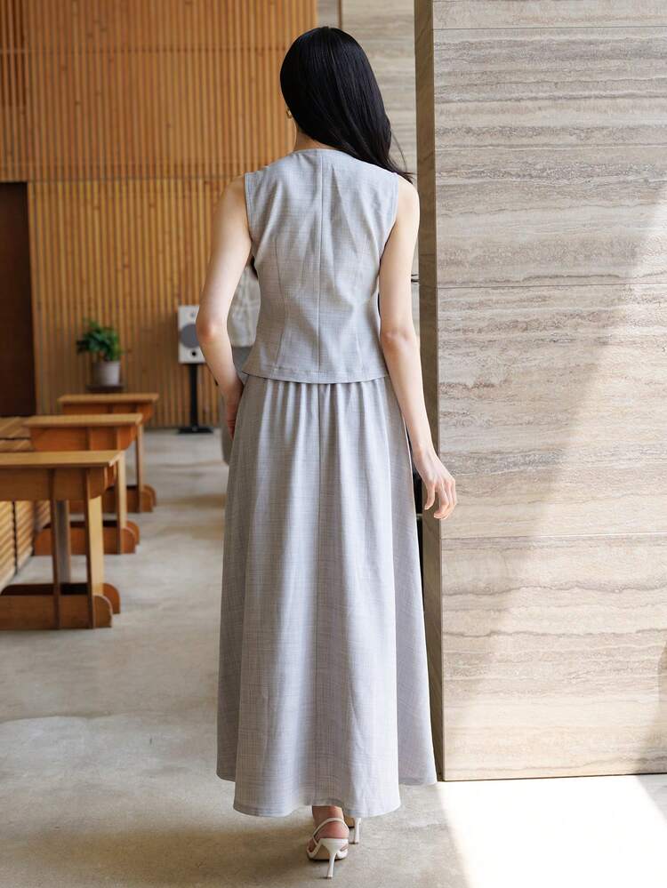 Women's Casual Elegant Sleeveless Fitted Shirt And Long Skirt 2 Pieces Set, Spring/Summer