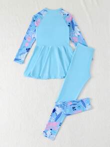 SHEIN Bộ đồ bơi Tankini cho bé gái tuổi teen, vải dệt kim màu tím, áo tay dài và quần dài, váy có khóa kéo, kiểu dáng kín đáo, thời trang thanh lịch, phù hợp cho bơi lội, kỳ nghỉ hè, bãi biển, hồ bơi, tiệc tùng. - Màu xanh nhạt - Xem 2