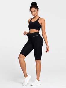 SHEIN Sports 大码女式反光条纹高腰口袋运动短裤，适合户外运动和骑行 - 黑色 - 查看 6