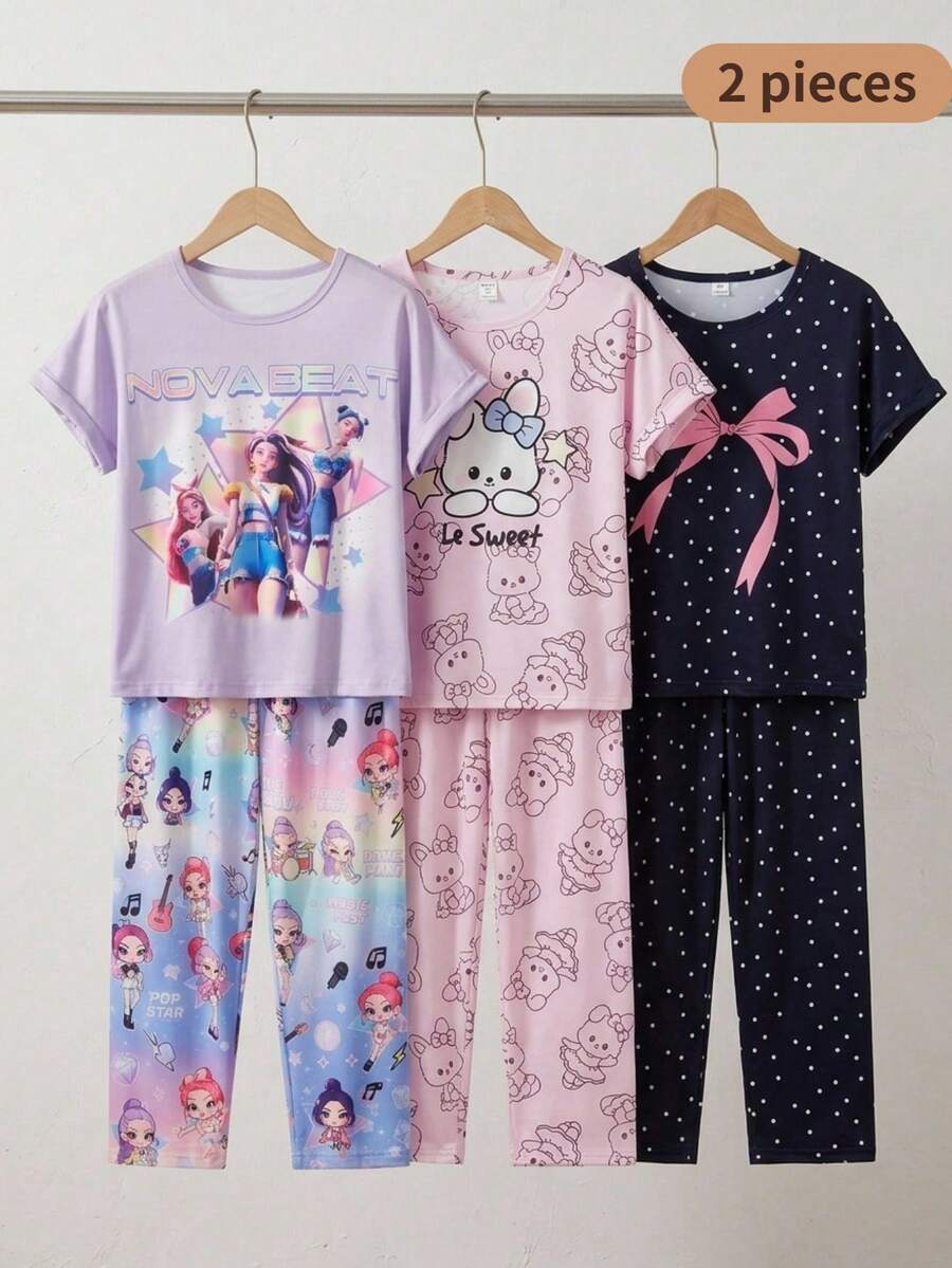 Genkimix Kids 2件組青少年女孩淡紫色夏季可愛居家睡衣,短袖圓領上衣配卡通圖案漸層長褲 - 紫色 - 查看 1
