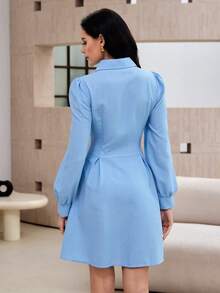Modelyn 女士时尚通勤风蓝色花瓣袖短裙 - 藍色 - 查看 2