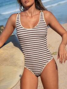 Swim SPRTY 2026SS Brown Stripe Knit Jacquard Textured Patchwork One-Piece Swimsuit, Casual Sexy Tropical For Sports, Pool, Beach Party Vacation, Holiday Summer - Multicolor - View 2