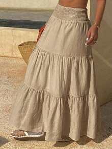 DAZY Solid Color Elastic Waist Flared Skirt For Women, Vacation Summer - Khaki - View 5