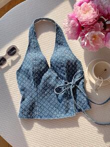 Soleia Áo sơ mi denim cổ buộc dây dành cho nữ, kiểu dáng thường ngày, thích hợp mặc hàng ngày. - Màu xanh lam - Xem 2