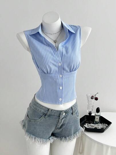 Elamini Women's Sleeveless Striped Collared Waist Shirt, Minimalist Style For Spring/Summer