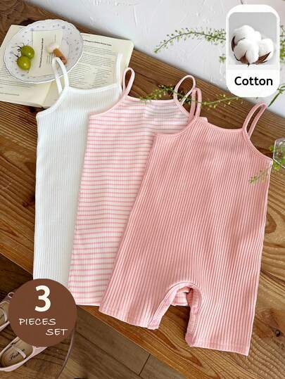 LMoss Kids 3pcs Baby Girl Summer Cute Solid Color Elastic Camisole Romper Set