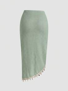 ROMWE Y2K Vacation Retro Style Shell Decor Twist Asymmetric Hem Wrap Women Skirt - Green - View 2