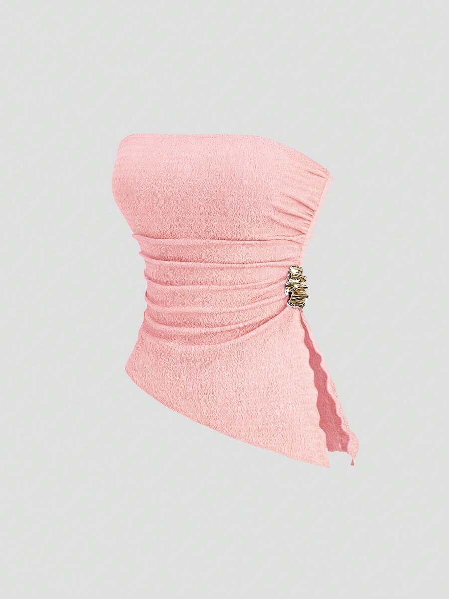Sweetra Women's Crop Top With Ruched Waist And Side Slit Party Night Dusty Pink Summer - Pink - View 1