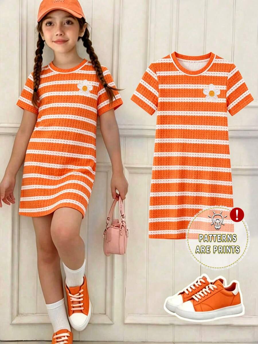 Elladie kids 春夏女童休闲时尚创意个性清新橙白条纹胸前印花休闲基础款短袖T恤裙,舒适日常穿着,适合春、夏、秋季穿着。 - 彩色 - 查看 1