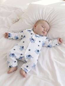 Bộ áo liền quần dài tay bằng cotton in hình voi cho bé trai sơ sinh, có túi phía trước, thích hợp mặc thường ngày. - Màu xanh lam - Xem 5