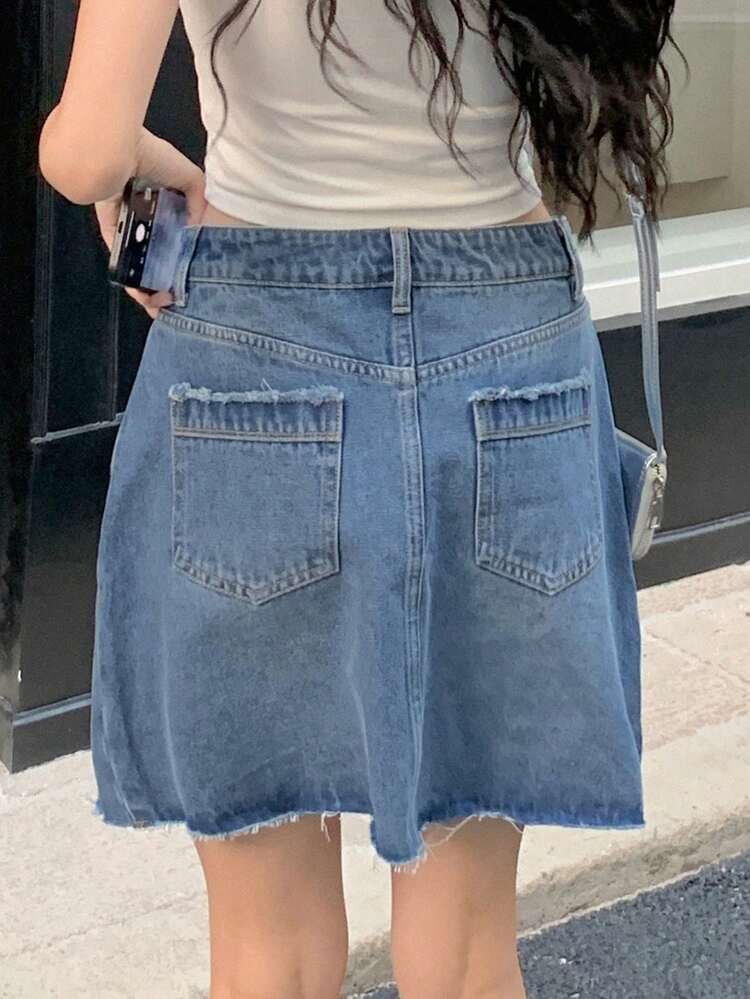 Women's Front Button Pocket Frayed Hem Casual Denim Skirt Jeans Skirt