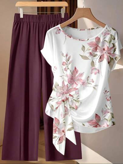EMERY ROSE Conjunto de 2 piezas de blusa de manga corta con cuello redondo y pantalones con estampado floral elegante, talla grande, para verano