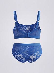 ELLERISSA Plus Size Blue Lace Crop Top Bra & Panty Set - Blue - View 4