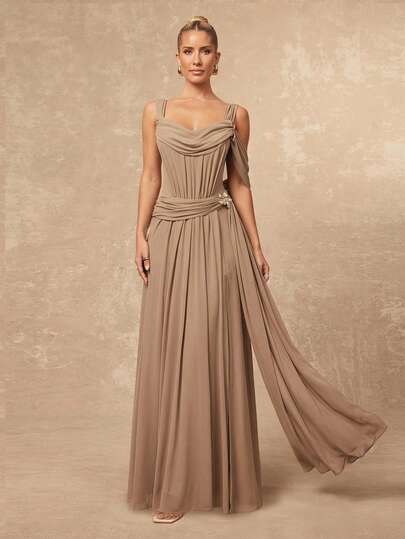Lumalex Summer Plunging Neck Soft Mesh Structured Cinched Waist Maxi Flare Slit Hem Dress For Women This Garment Effortlessly Transitions From Beach Wedding Strolls To Weekend Gatherings And Celebratory Dinners, Embodying The Charm Of Quiet Luxury And Striking Party Flair Whether At Birthday Bashes Or Fashionable Soirées Graduation Elegant Luxury Vacation Brown,Wedding Guest Gowns