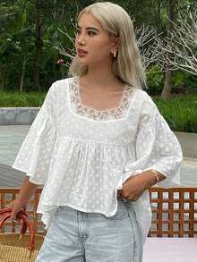 Livesso Áo kiểu babydoll dáng rộng, màu trơn, tay loe, thích hợp cho kỳ nghỉ hè của phụ nữ. - trắng - Xem 5