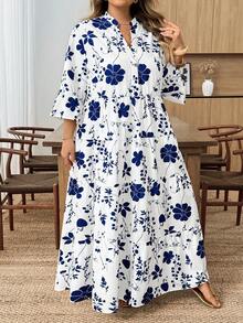 SHEIN CURVE+ Đầm đi biển tay loe xếp tầng in hoa cỡ lớn dành cho nữ, trang phục đi nghỉ mát, đầm hè cho nữ, đầm maxi xanh trắng, đầm maxi hoa xanh, đầm maxi xếp tầng, quần áo mùa thu cho nữ, trang phục học sinh, trang phục đồng quê cho nữ, trang phục giáo viên cho nữ, trang phục đồng quê cho nữ, quần áo mùa thu cho nữ, trang phục mùa thu cho nữ, đầm cho nữ, trang phục thường ngày. - Nhiều màu - Xem 4