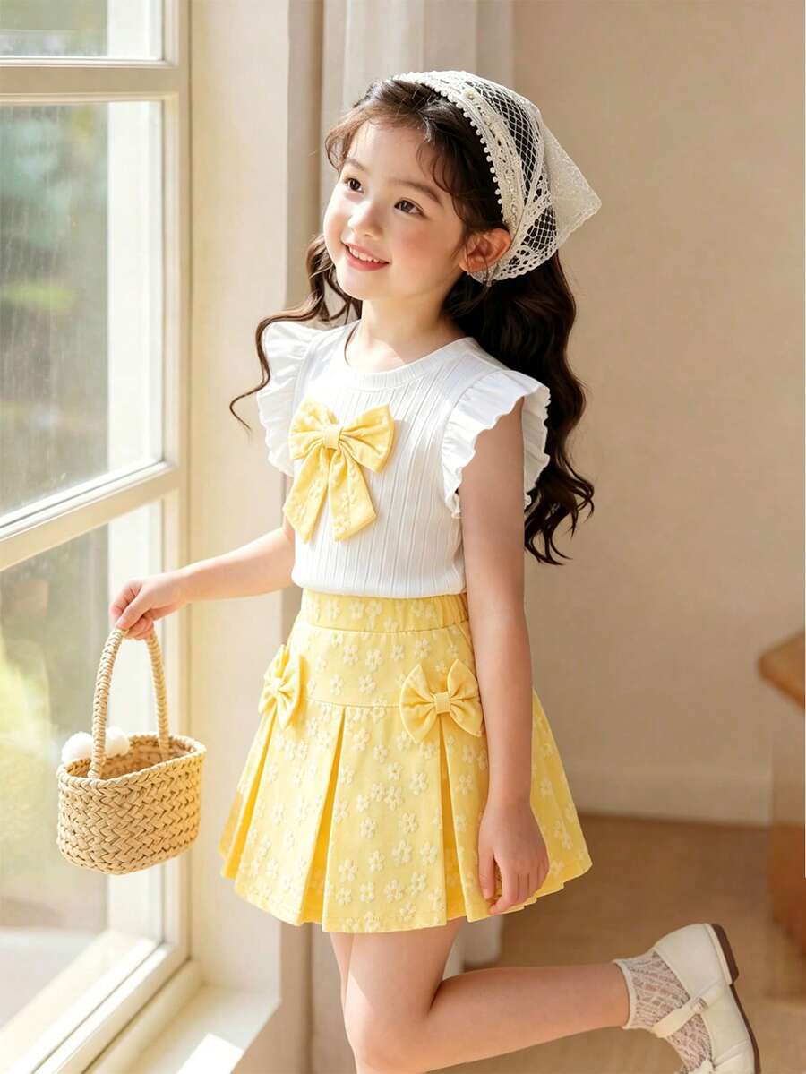 Elladie kids 女童夏季无袖上衣,饰有3D蝴蝶结,搭配黄色3D花卉图案半身裙,腰间也饰有蝴蝶结,适合休闲、优雅、可爱的日常/假日穿着。 - 黃色 - 查看 1