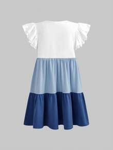 SHEIN Đầm ngắn tay ngắn dáng chữ A rộng rãi, phối màu khối cho bé gái, thích hợp mặc đi nghỉ mát, đi làm hàng ngày và đi làm. - Xanh và trắng - Xem 4