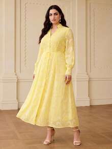 ZEYLAH Plus Size Women V-Neck Twist Waist Casual Party Dress Fall - Yellow - View 5